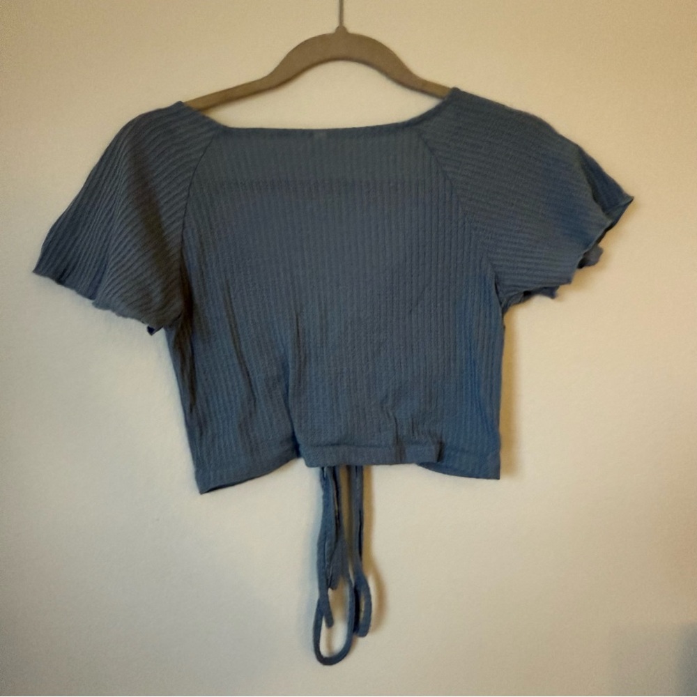 Blue Ribbed cropped Tie-Front Top - Picture 2 of 5